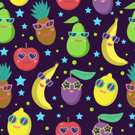 Cute seamless pattern with cartoon fruits characters in sunglasses, avocado, banana, pineapple, lemon and apple. Vector illustrationのイラスト素材