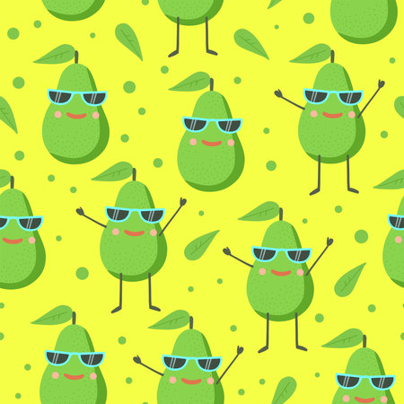 Cute seamless pattern with happy joy avocado character in sunglasses. Vector illustrationのイラスト素材