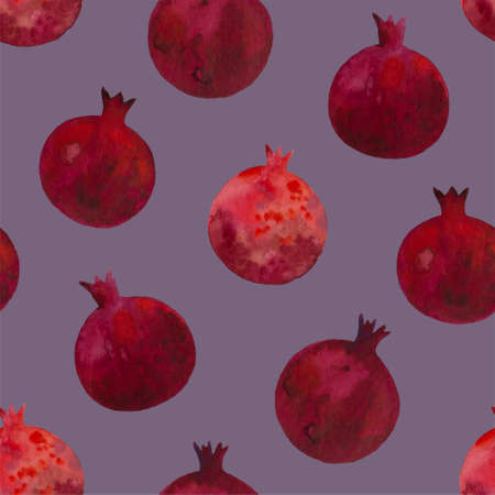Watercolor seamless print with dark red pomegranates. Pattern with garnet fruits. High quality illustrationの写真素材