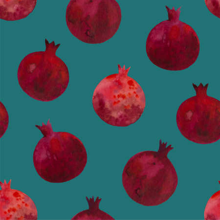 Watercolor seamless print with dark red pomegranates. Pattern with garnet fruits. High quality illustrationの写真素材