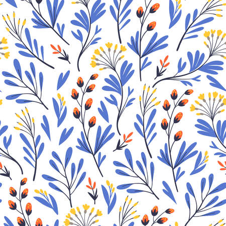 Vector floral pattern in minimalistic style with cute simple stylized abstract flowers. Vector...