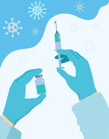 Hands in medical gloves hold a filled syringe. Vaccination concept covid 19. Blue and white colors. Vector illustrationのイラスト素材