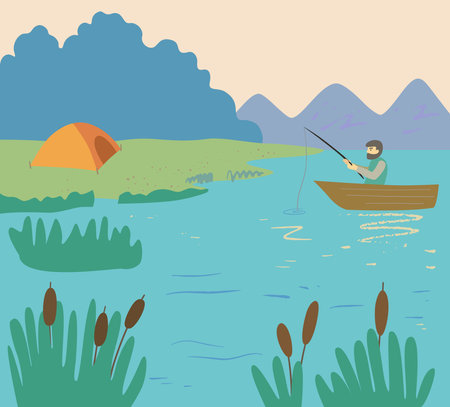 A bearded man with a fishing rod is fishing in a boat in the evening on the lake. Orange tent on the beach. Vector illustrationのイラスト素材