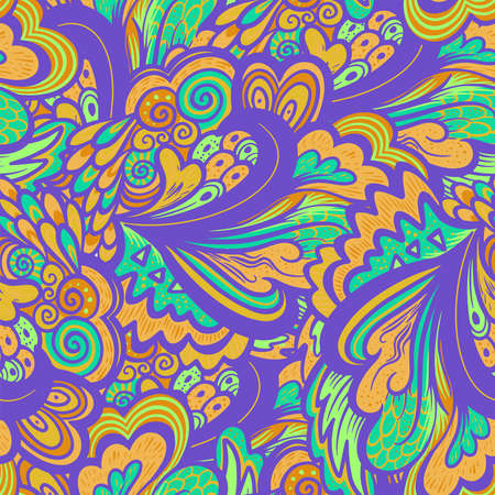 Bright colorful hippie seamless psychedelic pattern with abstract curly and plant elements. Vector illustrationのイラスト素材