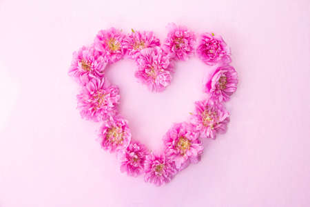 Floral composition of bright pink rose flowers. Heart shaped frame. Top view . High quality photoの写真素材