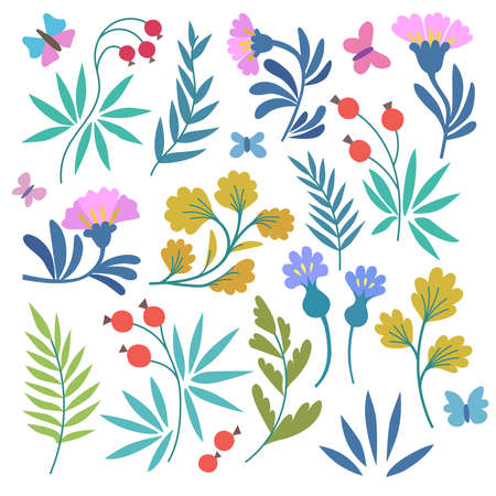 Cute abstract simple colorful doodle plants and flowers isolated on white background. Vector illustrationのイラスト素材