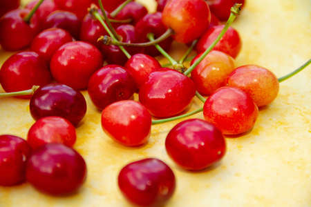 Close up of ripe red cherries on yellow background, horizontal view, selective focus. High quality photoの写真素材