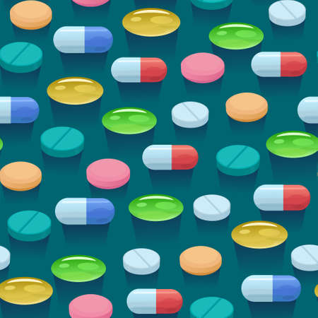 Seamless pattern with colorful bright pills and capsules. Vector illustrationのイラスト素材