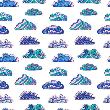 Seamless pattern with doodle ornate mandala clouds. Hand drawn illustrationのイラスト素材