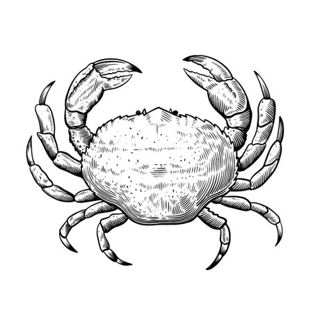 Black and white line illustration of crab in sketch engraving vintage style for menu and label design. . Vector illustrationのイラスト素材