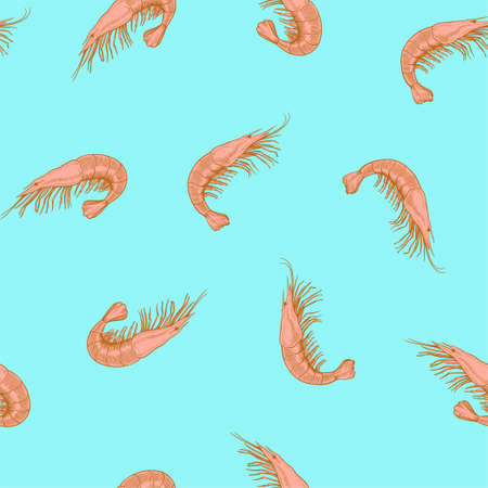 Seamless pattern with sea food, shrimp, drawn in vintage engraving style. Hand drawing, vector Illustration. Vector illustrationのイラスト素材