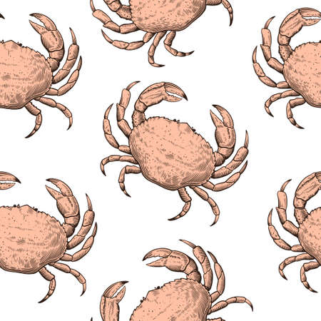 Vintage seamless pattern with hand drawn crabs in sketch engraving style. Se food print for textile and wrapping paper. Vector illustrationの写真素材