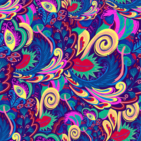 Colorful seamless pattern with crazy psychedelic organic abstract elements, print with plant and mushrooms motifs and bright neon colors . Vector illustrationの写真素材