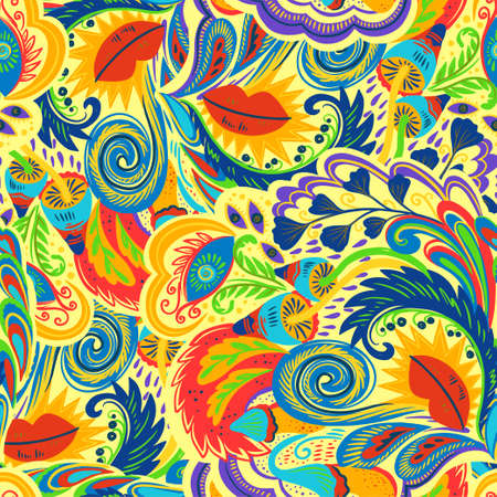 Colorful seamless pattern with crazy psychedelic organic abstract elements, print with plant and mushrooms motifs and bright neon colors . Vector illustrationのイラスト素材
