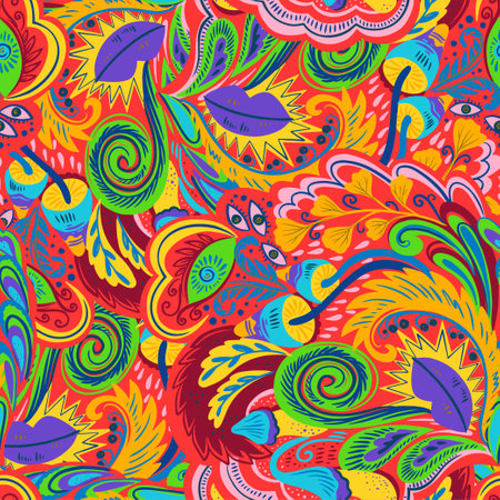 Colorful seamless pattern with crazy psychedelic organic abstract elements, print with plant and mushrooms motifs and bright neon colors . Vector illustrationのイラスト素材