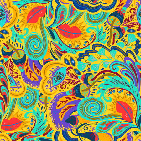 Colorful seamless pattern with crazy psychedelic organic abstract elements, print with plant and mushrooms motifs and bright neon colors . Vector illustrationのイラスト素材