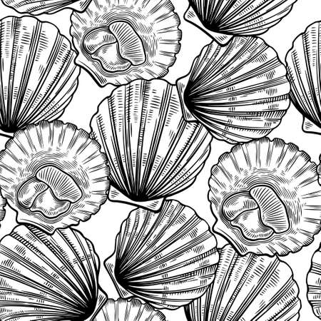 Seamless pattern in line art vintage style with scallops. Sea food texture for wrapping, design, fabric. Vector illustrationの写真素材