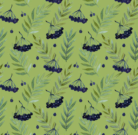 Seamless pattern with watercolor paintied elder branche, berries and leaves for wrapping paper and...