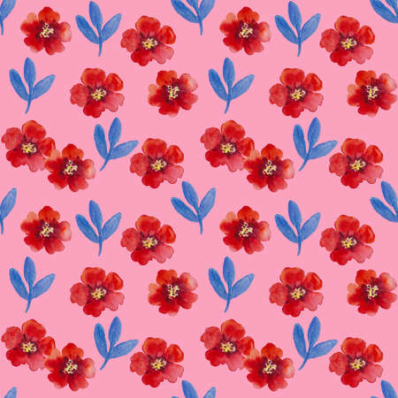 Watercolor seamless pattern with pomegranate flowers and branches. Hand painted illustration. High quality painting.の写真素材