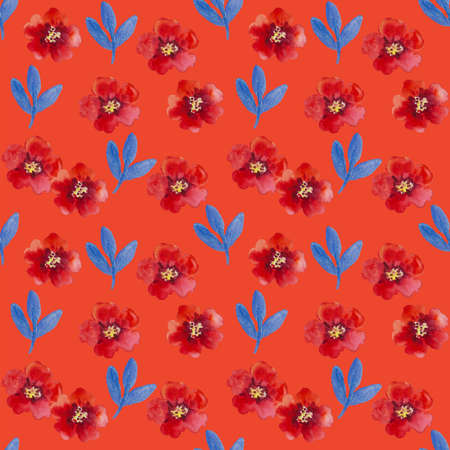 Watercolor seamless pattern with pomegranate flowers and branches. Hand painted illustration. High quality painting.の写真素材