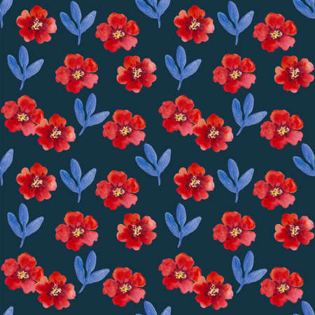 Watercolor seamless pattern with pomegranate flowers and branches. Hand painted illustration. High quality painting.の写真素材