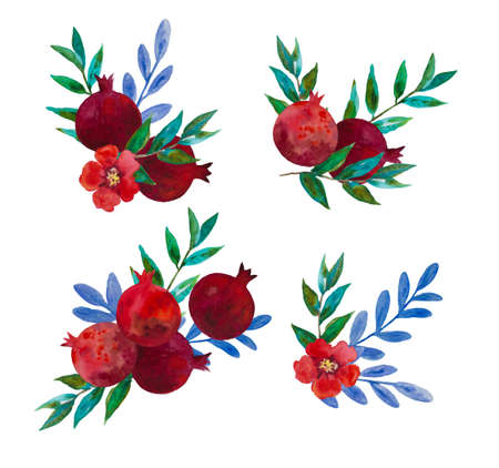 Original watercolor compositions of garnet flowers and pomegranate fruits for decor, wedding invitations, birthday cards. High quality illustrationの写真素材