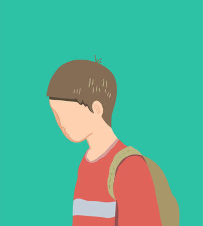 Sad alone boy with school bag on green background. Vector cartoon illustrationのイラスト素材