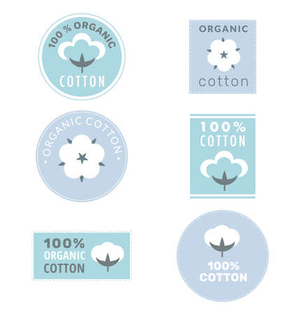 Collection of cotton labels and organic cotton signs with delicate pastel colors isolated on white background. . Vector illustrationのイラスト素材