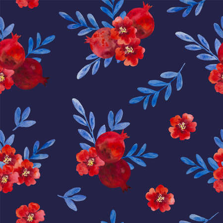 Watercolor seamless pattern with pomegranate flowers and branches. Hand painted illustration. High quality painting.の写真素材