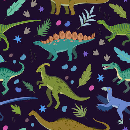 Seamless pattern with cute cartoon doodle dinosaurs and nature elements, rocks, leaves and stars. Adorable children design. Vector illustrationのイラスト素材
