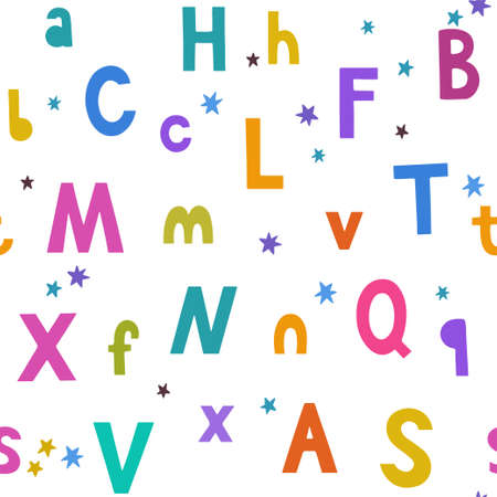 Seamless pattern with bright colorful hand drawn doodle letters and stars for children and baby design and accessories. Vector illustrationのイラスト素材