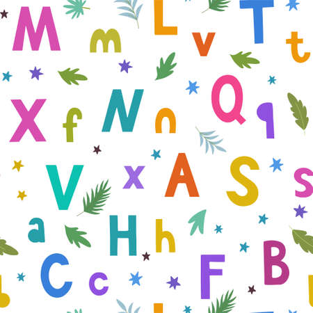Seamless pattern with bright colorful hand drawn doodle letters and stars for children and baby...