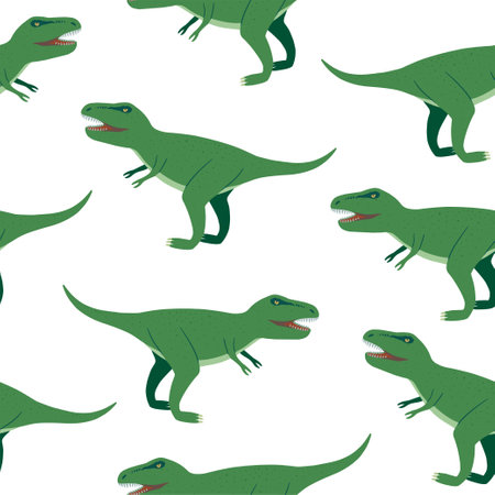 Seamless pattern with angry Tyrannosaurus rex cartoon characters for children design, textile and accessories. Hand drawn vector illustration.のイラスト素材