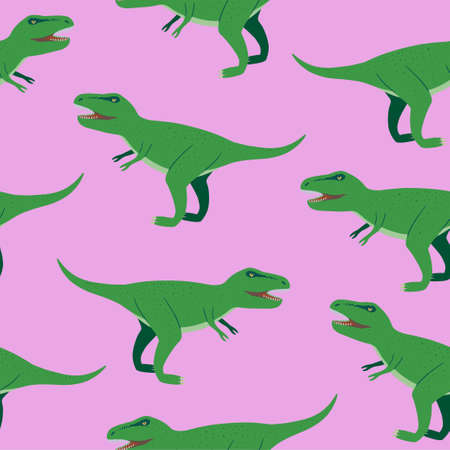Seamless pattern with angry Tyrannosaurus rex cartoon characters for children design, textile and accessories. Hand drawn vector illustration.のイラスト素材