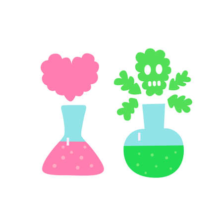 Two flasks, pink with heart-shaped smoke and green with skull-shaped smoke. Conceptual illustration about death and love. Vector illustrationのイラスト素材