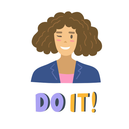 Vector cartoon portrait of a beautiful winking girl and handwritten quote Do it, isolated on white background. Hand drawn illustrationのイラスト素材