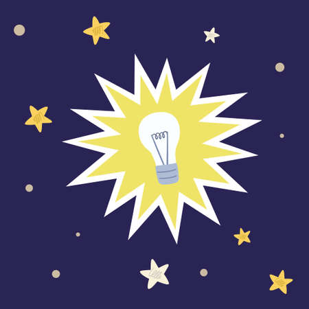 Light bulb on a dark background in hand drawn doodle style. The symbol of ideas and discoveries. Vector illustrationのイラスト素材