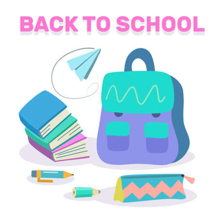 Back to school conceptual illustration with paper airplane, bag, pen and pencil and books. Vector illustrationのイラスト素材