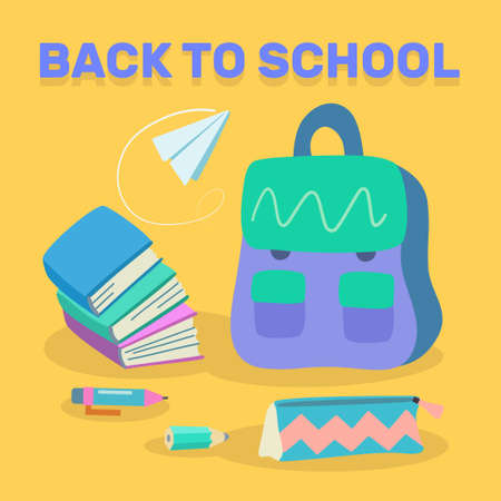 Back to school conceptual illustration with paper airplane, bag, pen and pencil and books. Vector illustrationのイラスト素材