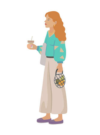 Young beautiful red-haired girl with paper cup of coffee and eco-friendly string shopping bag with fruits isolated on white background. Vector illustrationのイラスト素材
