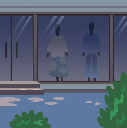 Dark vector background with clothing shop showcases and mannequins. Vector illustrationのイラスト素材