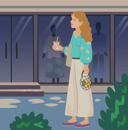 A beautiful girl walks along a city street along display windows with mannequins and drinks coffee. Vector illustrationのイラスト素材