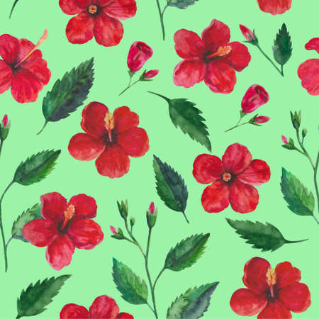 Watercolor seamless tropical pattern with hibiscus lowers for design and textile. High quality illustrationの写真素材