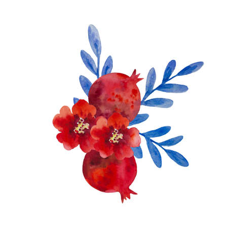 Original watercolor composition of garnet flowers and pomegranate fruits for decor, wedding invitations, birthday cards. High quality illustrationの写真素材