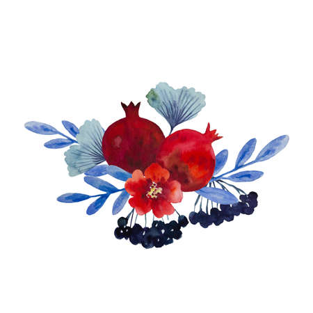 Original watercolor composition of garnet flowers and pomegranate fruits for decor, wedding invitations, birthday cards. High quality illustrationの写真素材