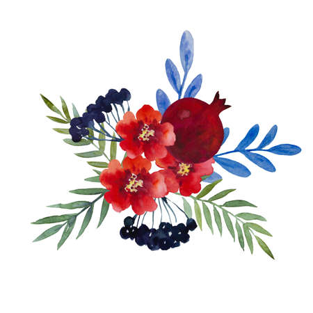 Original watercolor composition of garnet flowers and pomegranate fruits for decor, wedding invitations, birthday cards. High quality illustrationの写真素材