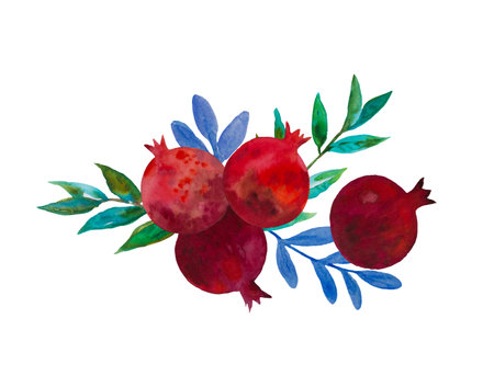Original watercolor composition of garnet flowers and pomegranate fruits for decor, wedding invitations, birthday cards. High quality illustrationの写真素材