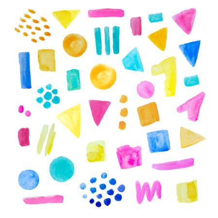 Watercolor abstract geometric shapes in bright joy candy colors isolated on white background. Hand paintingのイラスト素材
