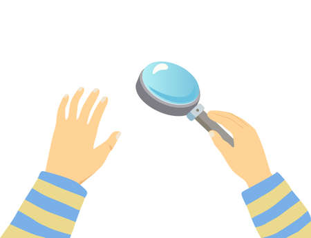 Child hands holding a magnifying glass isolated on white background. Vector illustrationのイラスト素材