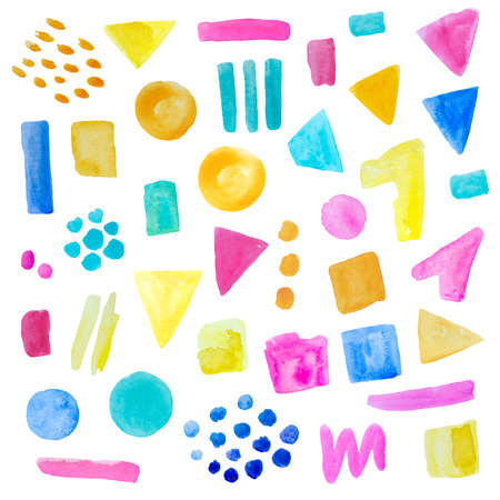 Watercolor abstract geometric shapes in bright joy candy colors isolated on white background. Hand paintingの写真素材